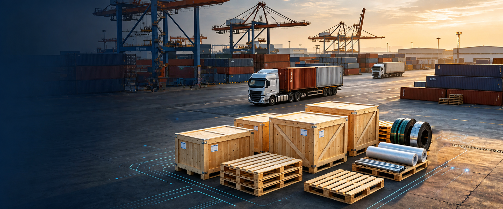 Wooden crates and pallets staged in an export yard, shown as a logistics application scene with shipping containers in the background