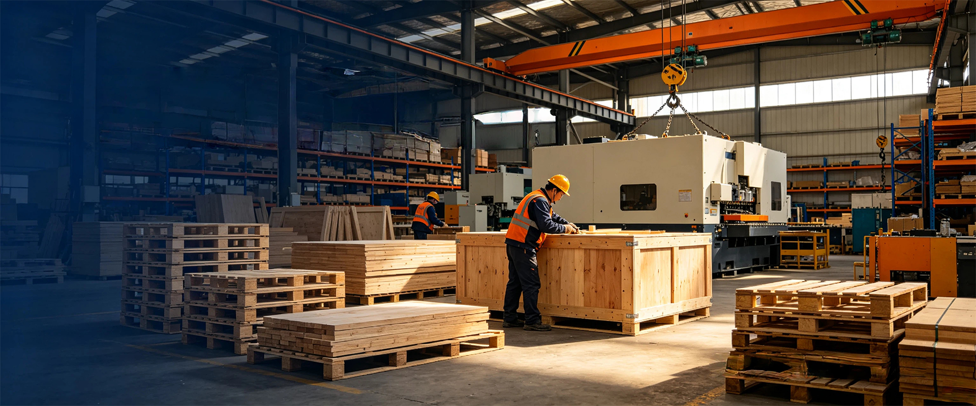 A worker fitting panels onto a wooden export crate in the BaiLiBang Packing workshop