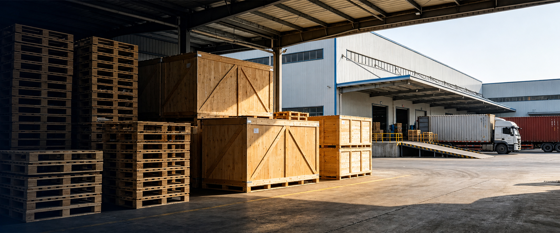 Wooden pallets and export crates staged under a warehouse loading canopy beside a waiting freight truck
