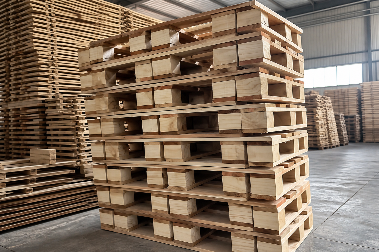 Close-up of sawn timber blocks used in solid wooden pallet assembly