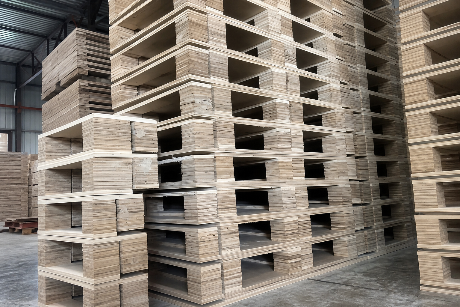 Close-up of layered plywood panel edges used in pallet decking