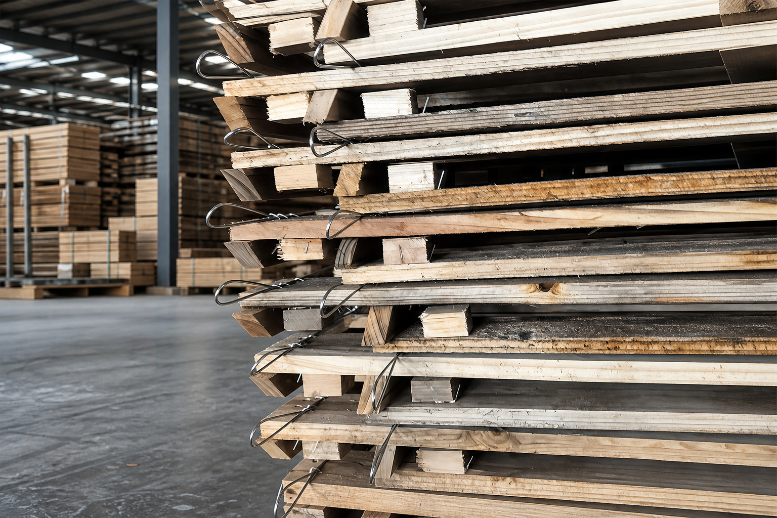 Bundled raw timber boards wire-tied ahead of assembly